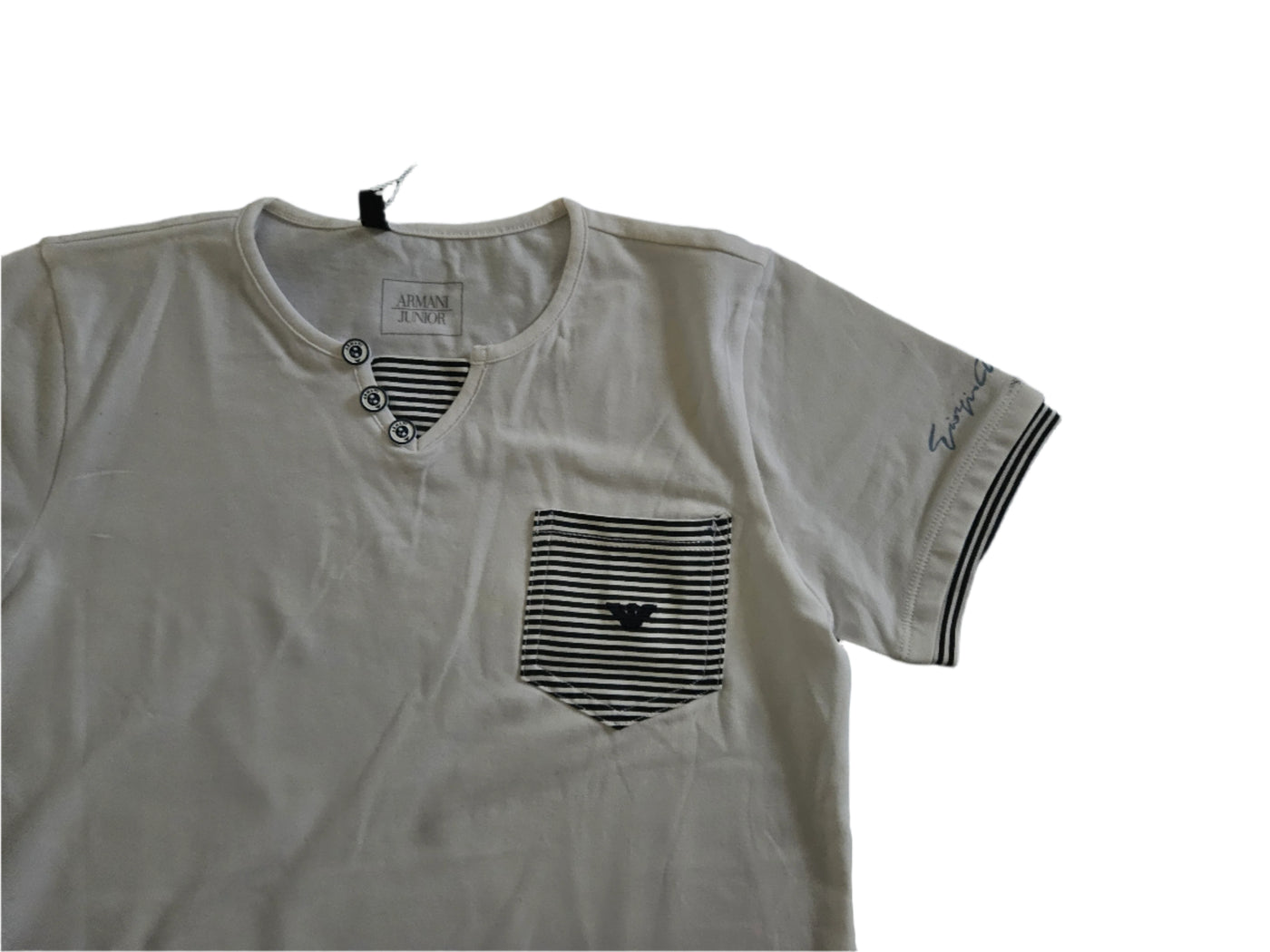 Boys T-Shirt - Armani Junior kidswear - White Tricot with sailor stripe pattern