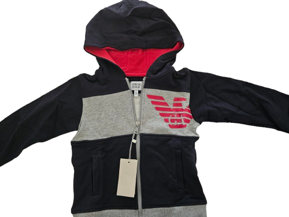 Boys Sweatshirt - Armani Junior kidswear - Navy, Gray & Red Zipped up Hoodie