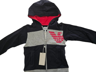Boys Sweatshirt - Armani Junior kidswear - Navy, Gray & Red Zipped up Hoodie