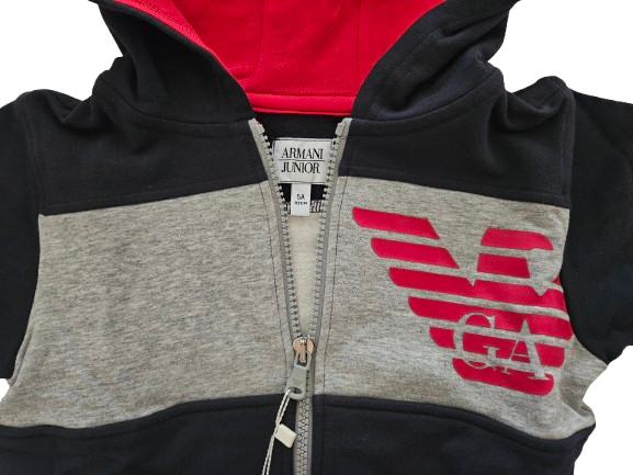 Boys Sweatshirt - Armani Junior kidswear - Navy, Gray & Red Zipped up Hoodie