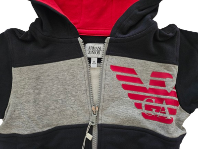 Boys Sweatshirt - Armani Junior kidswear - Navy, Gray & Red Zipped up Hoodie