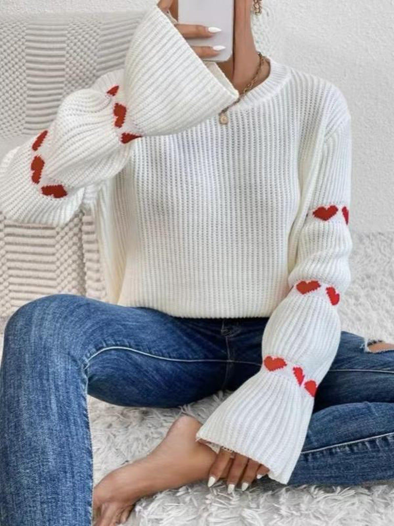 Women'S Heart Print Drop Shoulder Sweater, Casual Long Sleeve round Neck Jumper for Daily Outdoor Wear, Women Comfort Knit Top for Spring & Fall